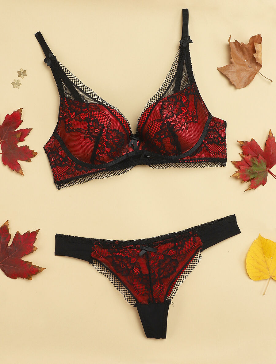 Ensemble en dentelle ajourée et string - Noir/rouge - 4