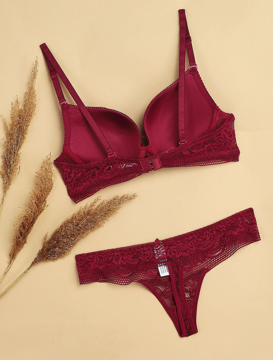 Ensemble push-up à broderie fleurie et string - Prune - 2