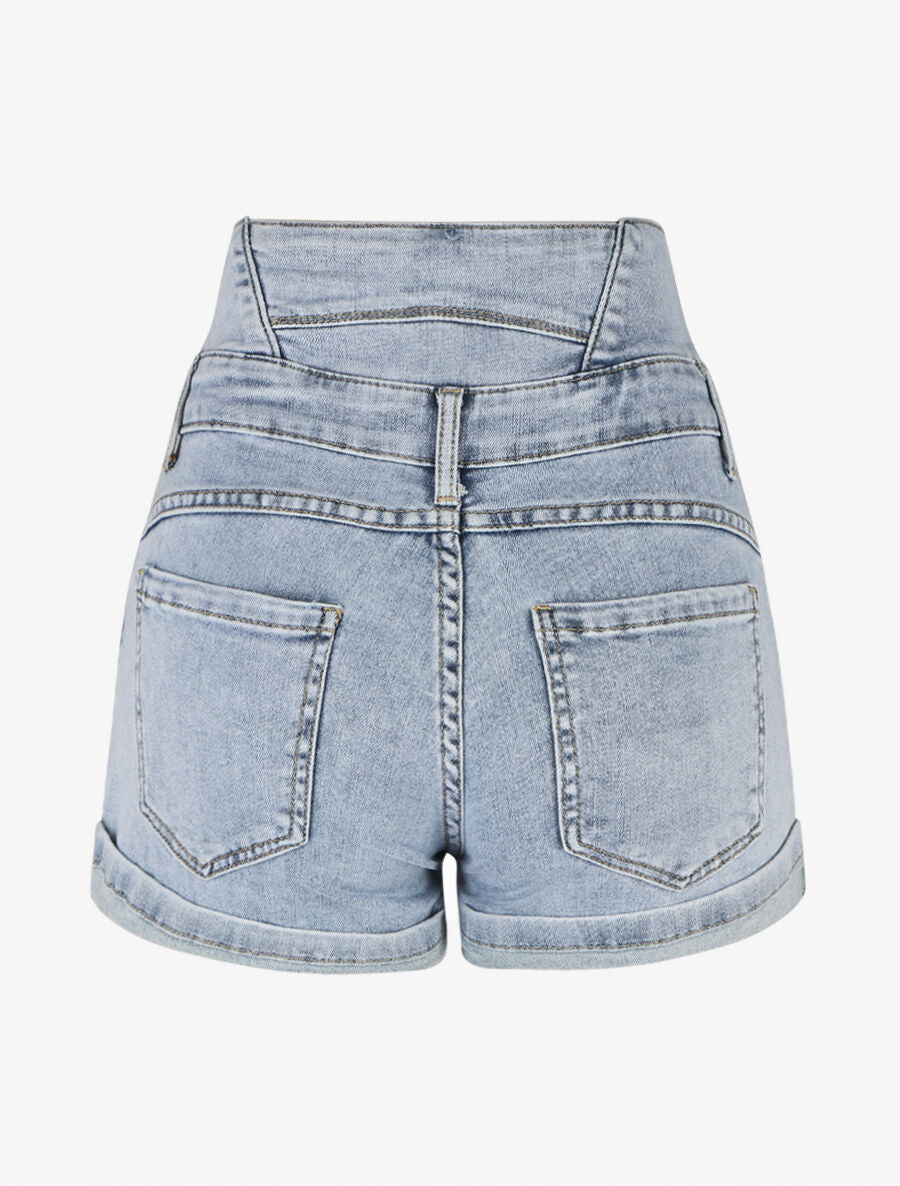Short en jean à ourlets et taille haute élastiquée - Bleu - 2