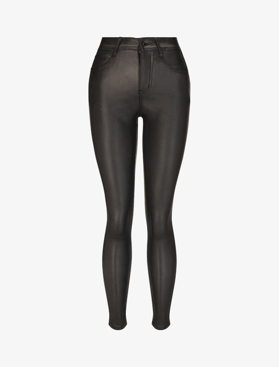 Pantalon uni en simili - Noir - 1
