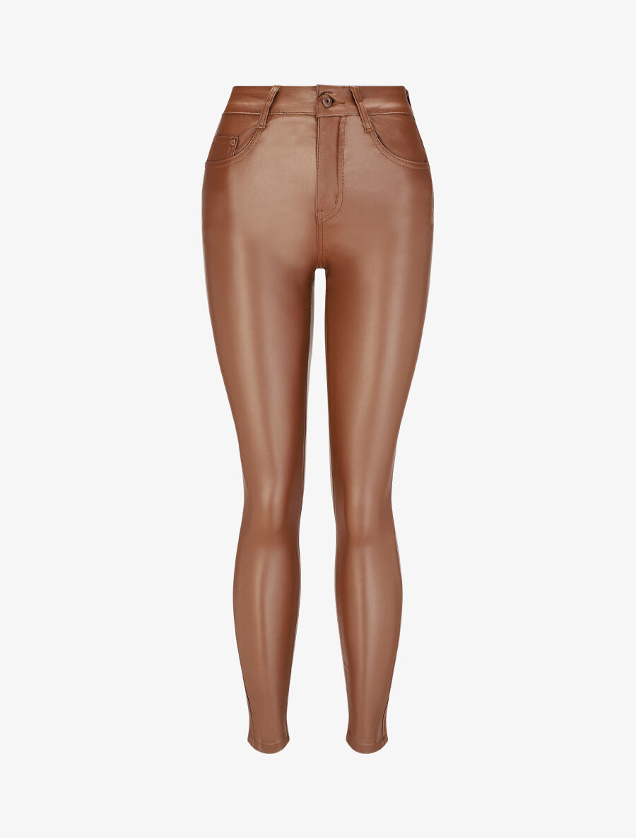 Pantalon uni en simili - Marron - 6