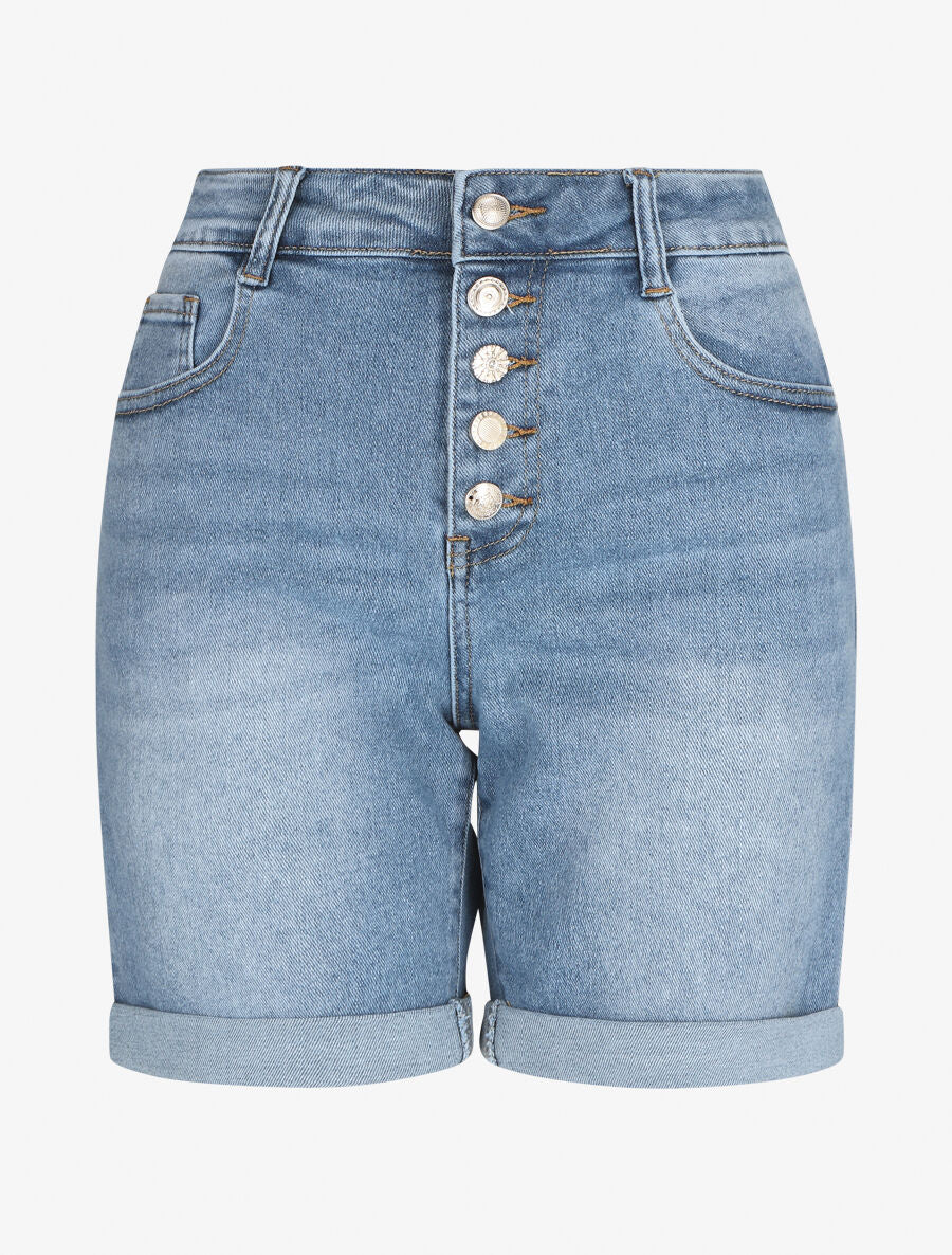 Short en jean ajusté taille standard boutonnée - Bleu - 1