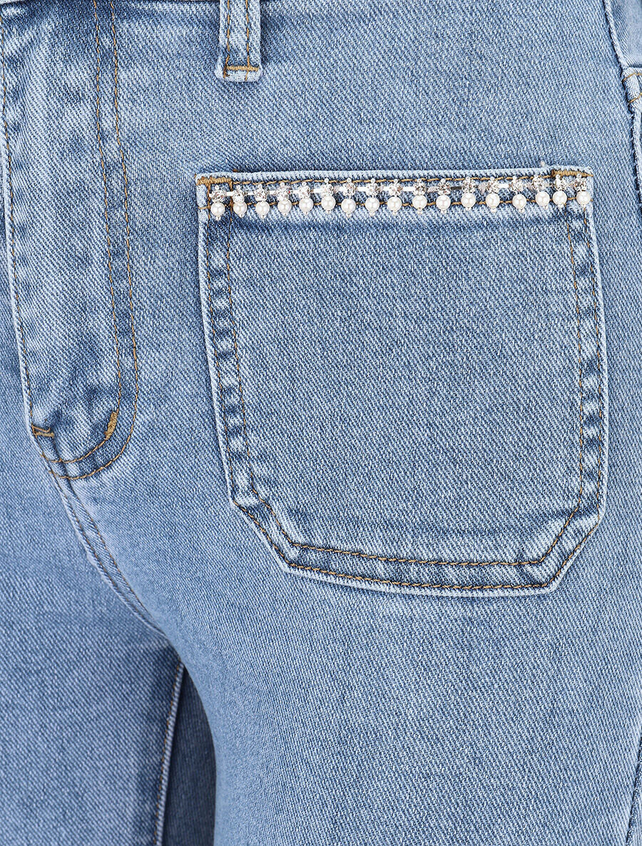 Jean droit poches à strass et perles - Bleu - 3