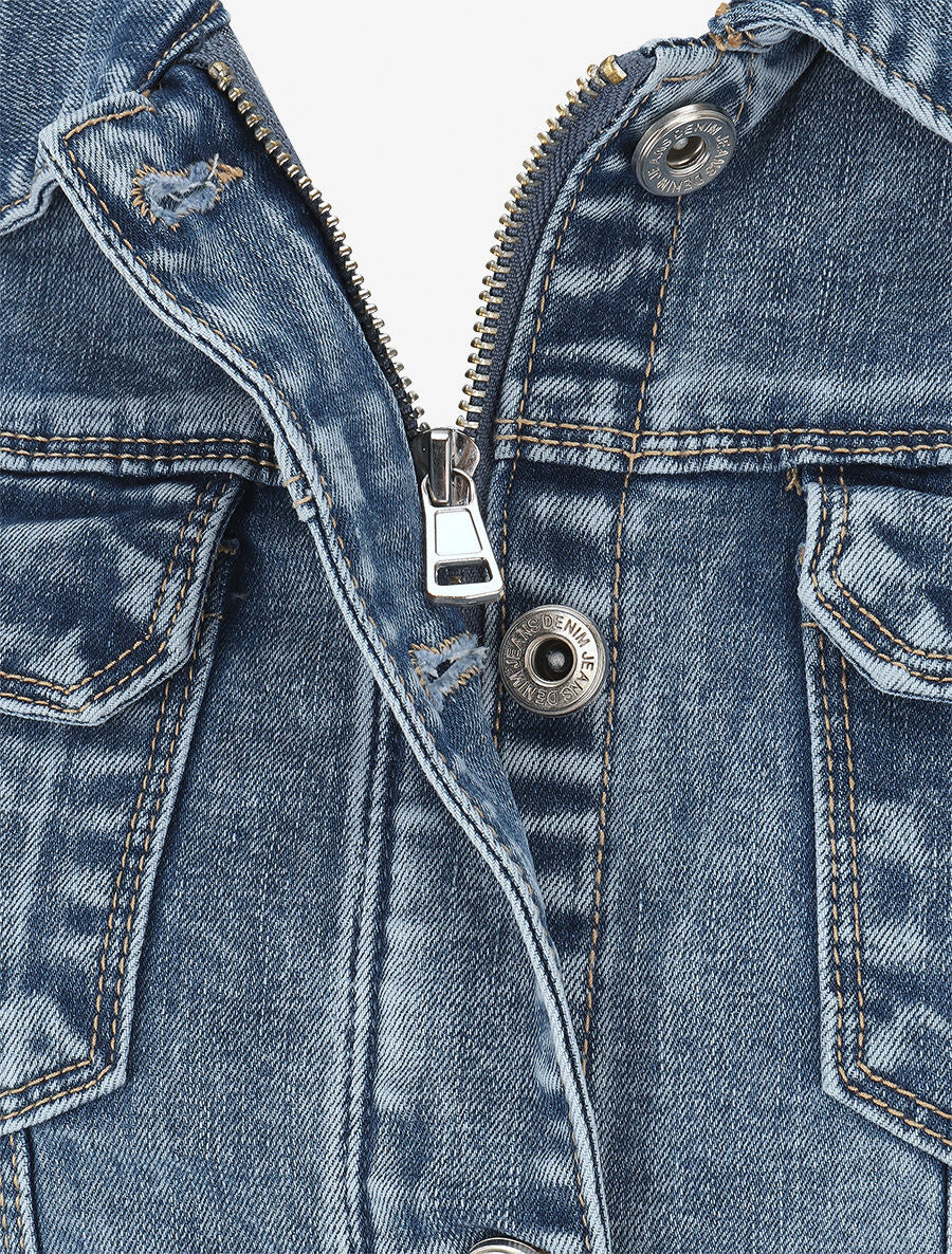 Veste en jean boutonnée et zippée - Bleu - 3