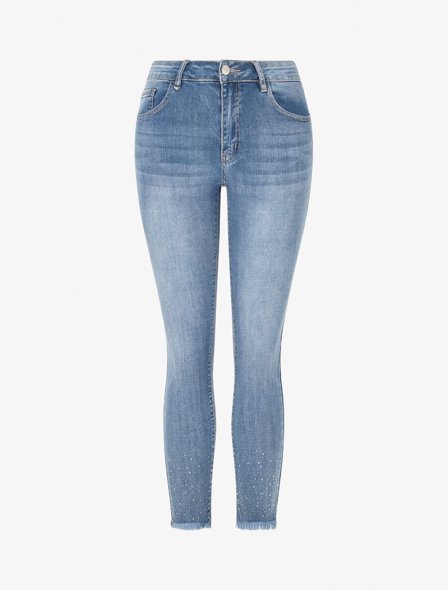 Jean skinny taille haute bords effilochés à strass - Bleu - 4