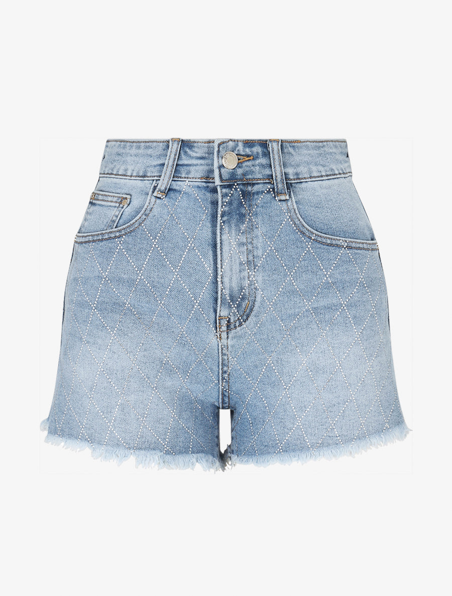 Short strassé à bords effilochés - Bleu - 1