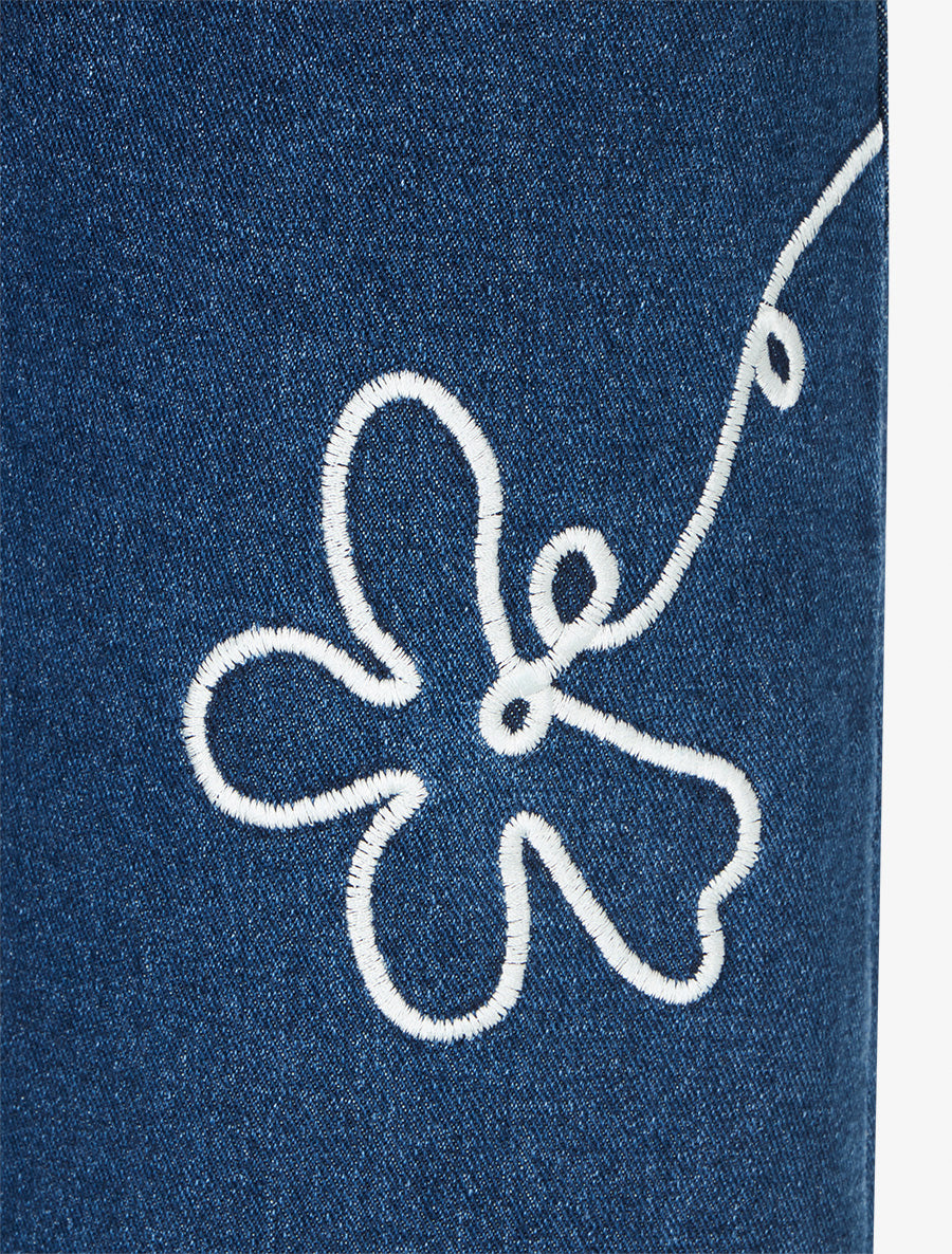Jean à détail fleurs brodées coupe ample - Bleu - 3