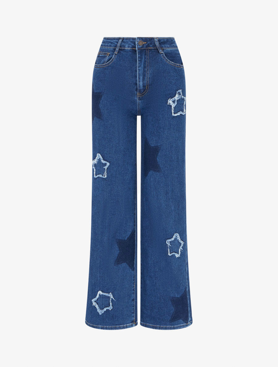 Jean droit taille haute motif étoile - Bleu - 1