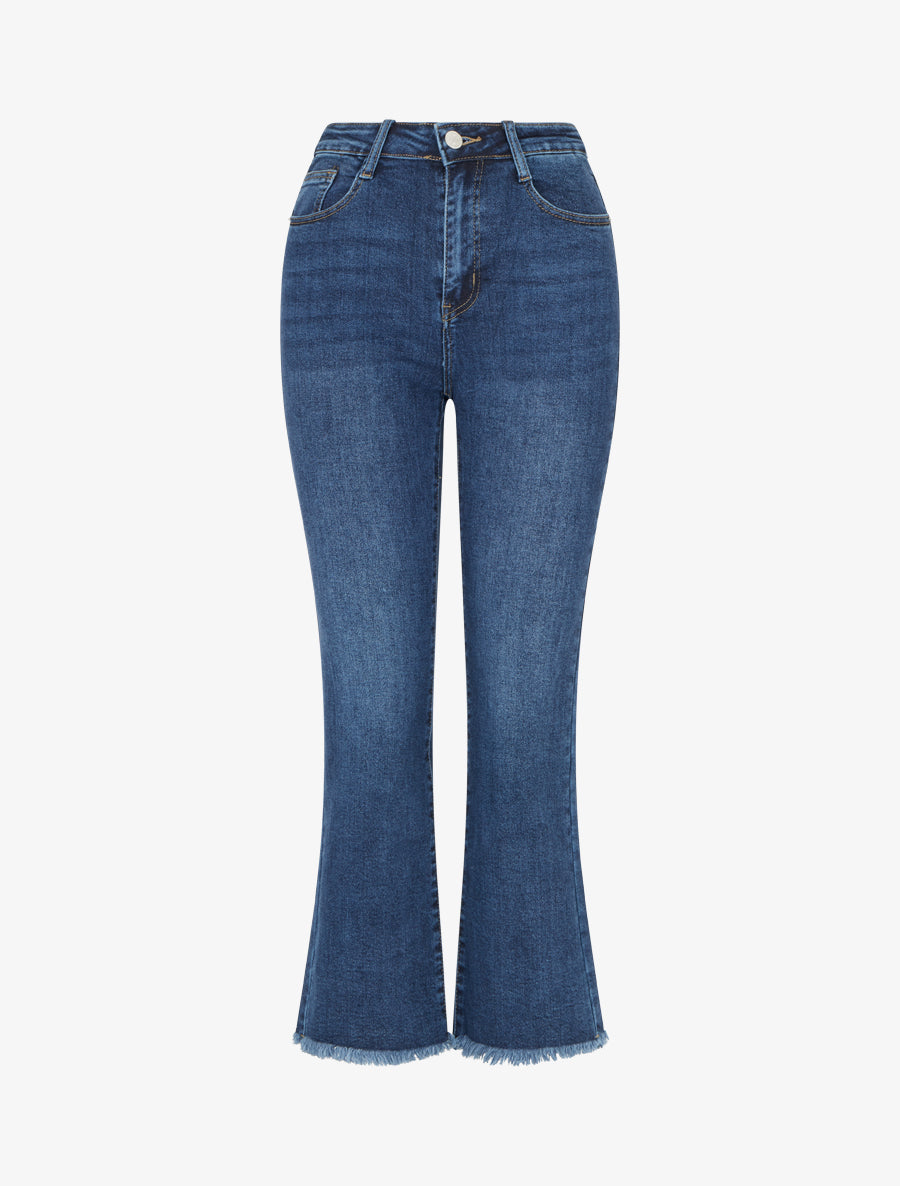 Jean à bords effilochés coupe droite - Bleu - 1