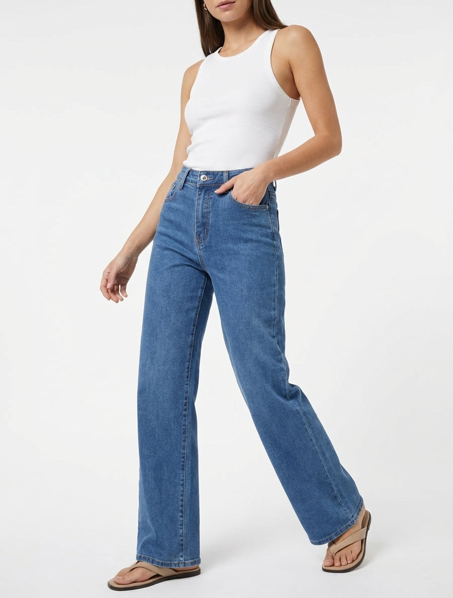 Jean wide leg taille haute - Bleu