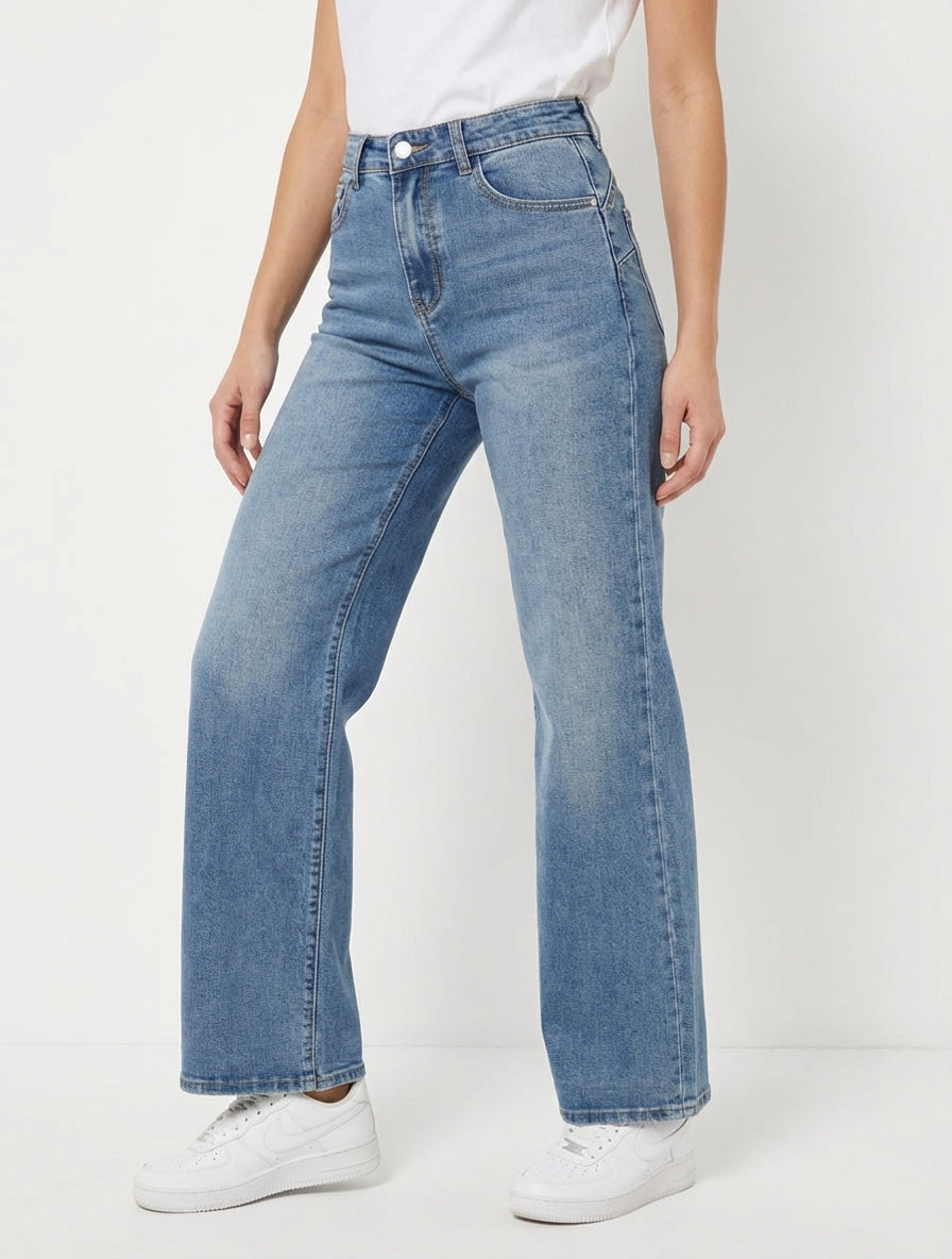 Jean push-up délavé coupe ample - Bleu