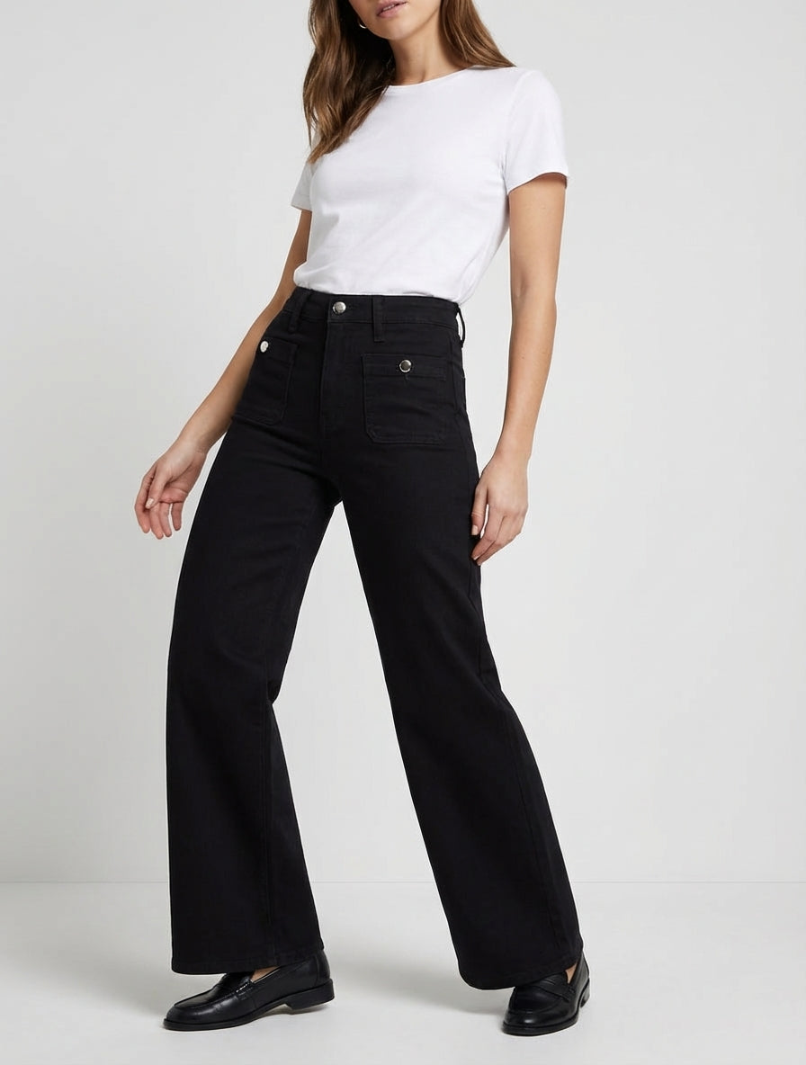 Jean ample push-up à poches plaquées boutonnées - Noir