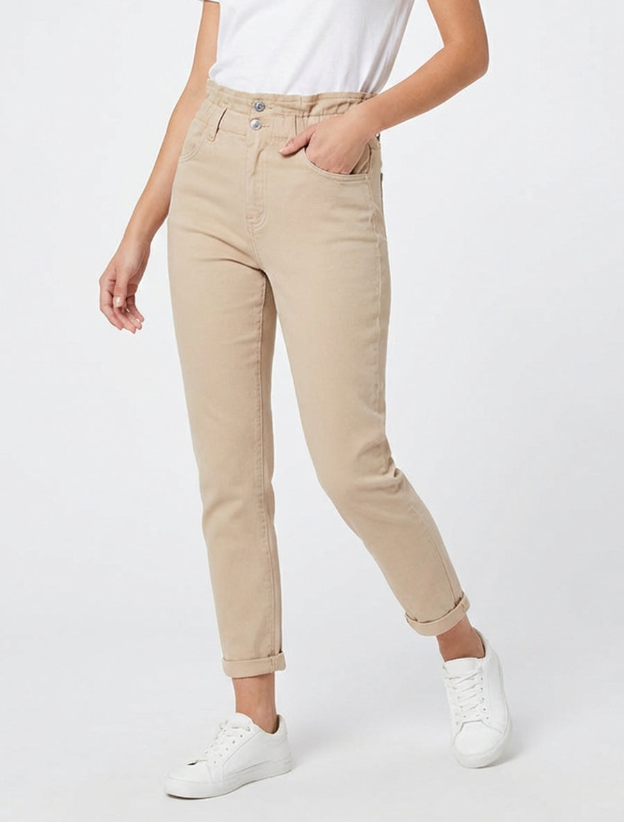 Jean mom 5 poches taille haute - Beige