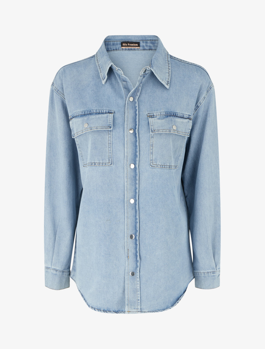 Chemise en jean droite à manches longues - Bleu - 1