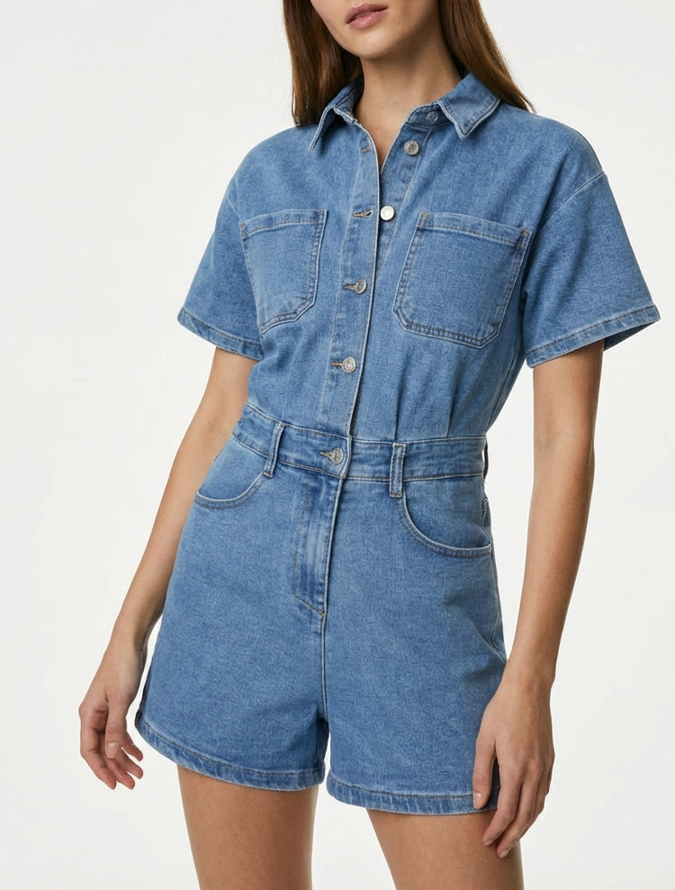 Combishort en jean taille élastiquée - Bleu