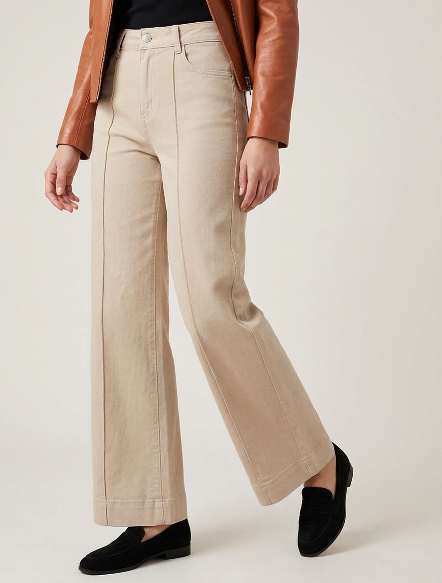 Jean wide leg taille haute 5 poches - Beige