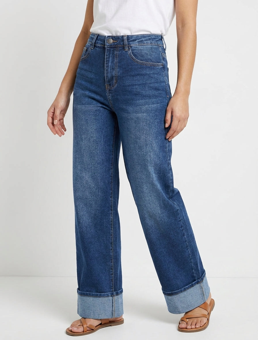 Jean wide leg taille haute 5 poches - Bleu denim
