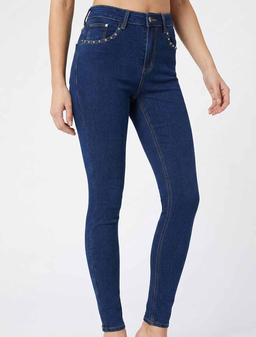 Jean skinny taille haute à clous - Bleu denim