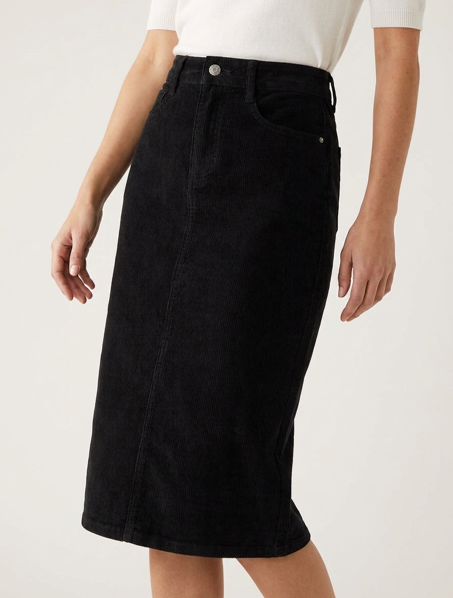 Jupe côtelée taille haute 5 poches - Noir