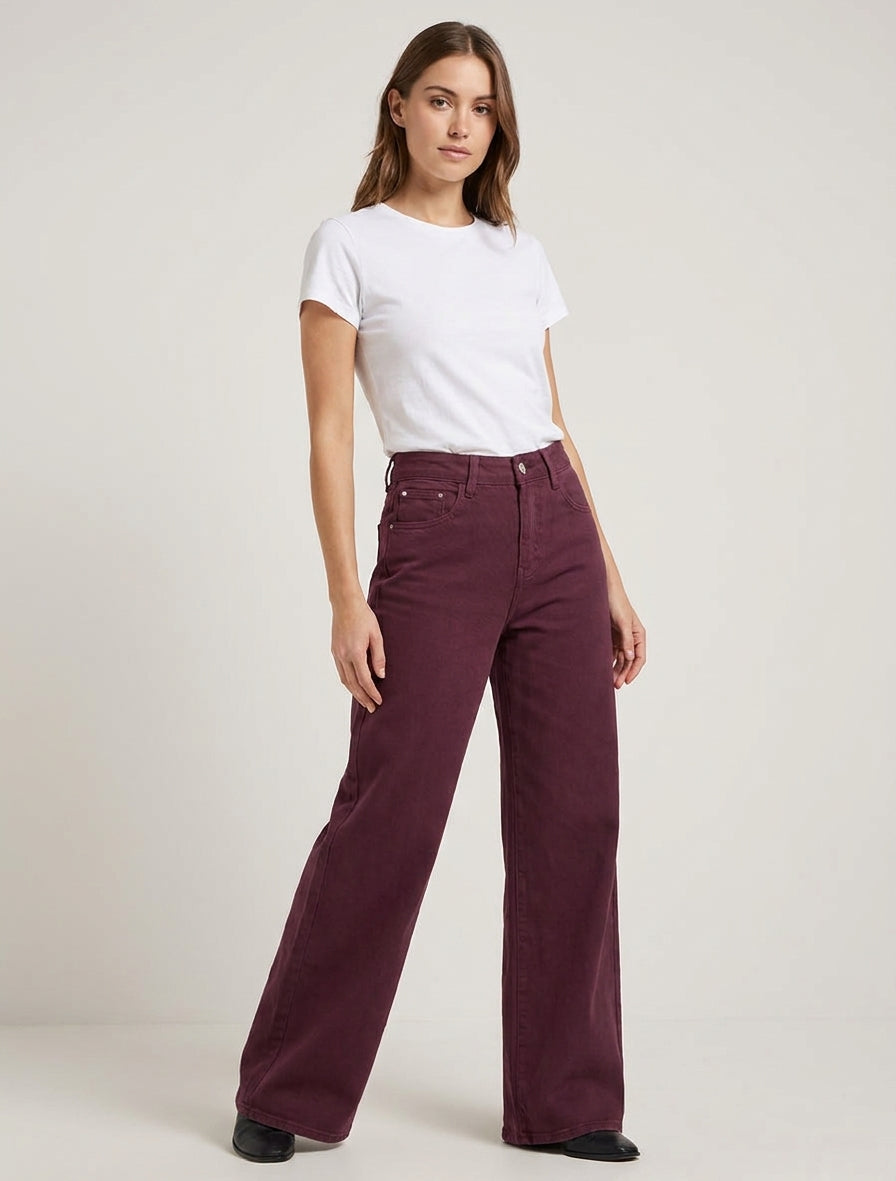 Jean wide leg taille haute - Lie de vin