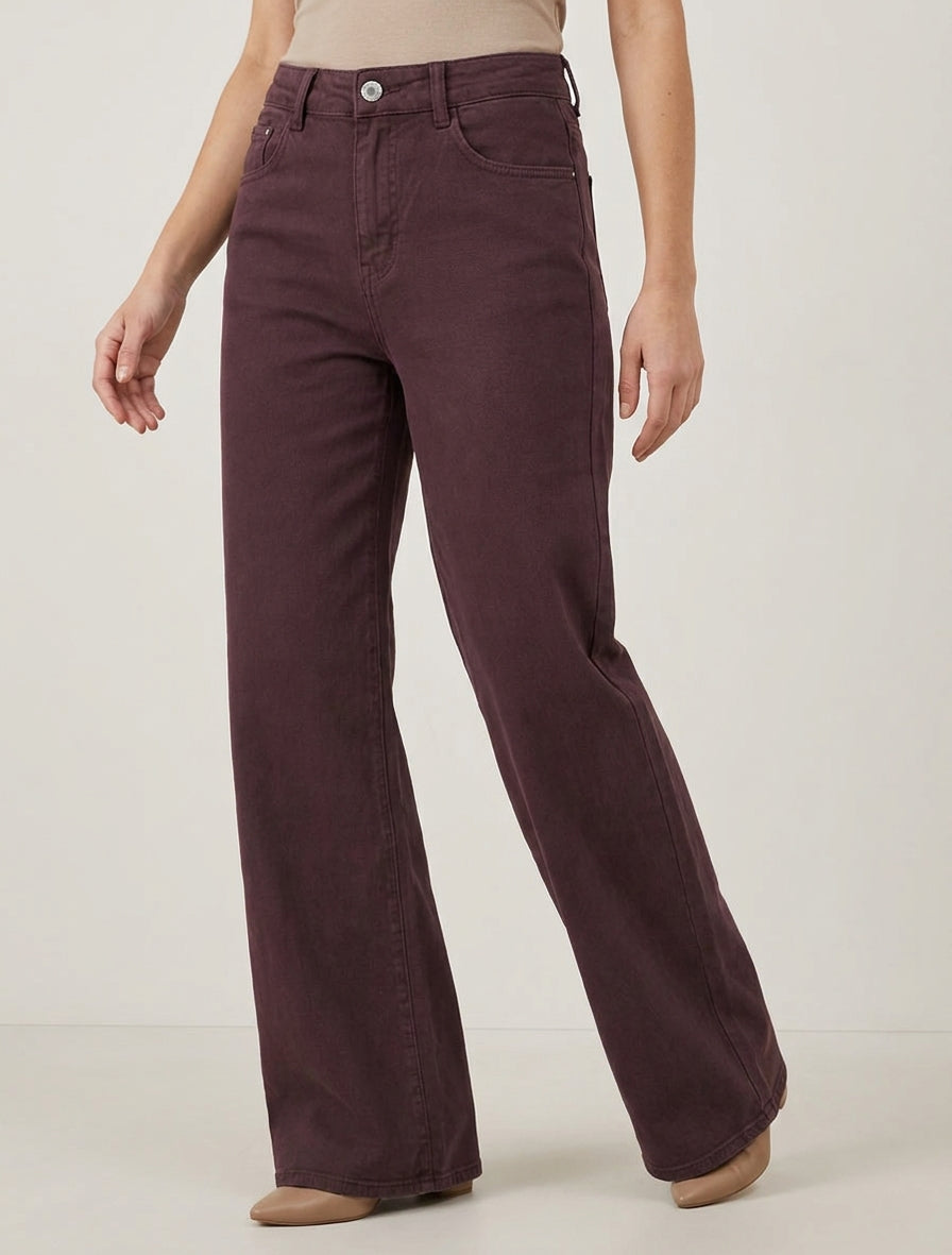 Jean wide leg taille haute - Prune