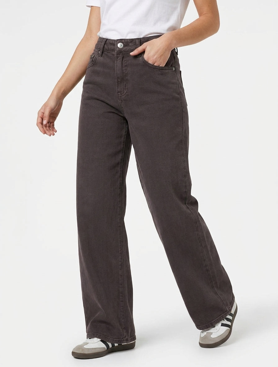 Jean wide leg taille haute - Marron/gris