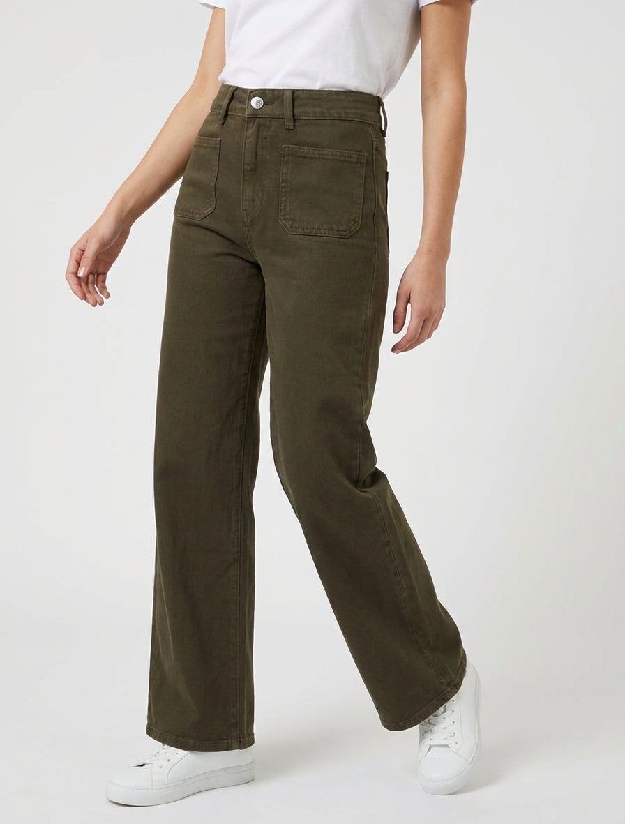 Jean wide leg taille haute - Kaki