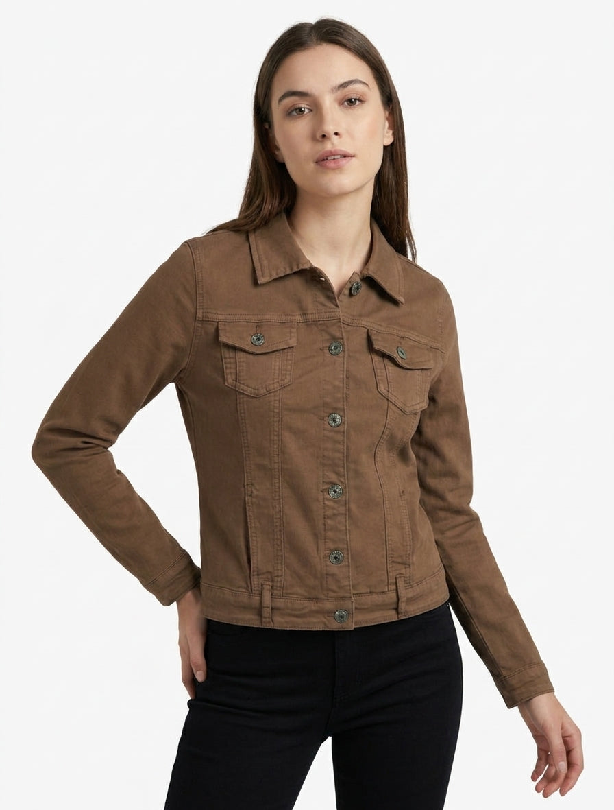 Veste en jean col à pied - Marron