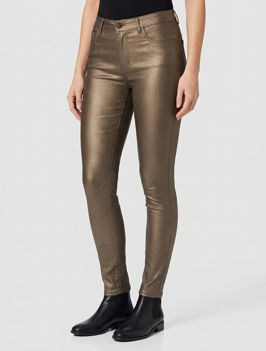 Pantalon slim 5 poches simili enduit - Bronze