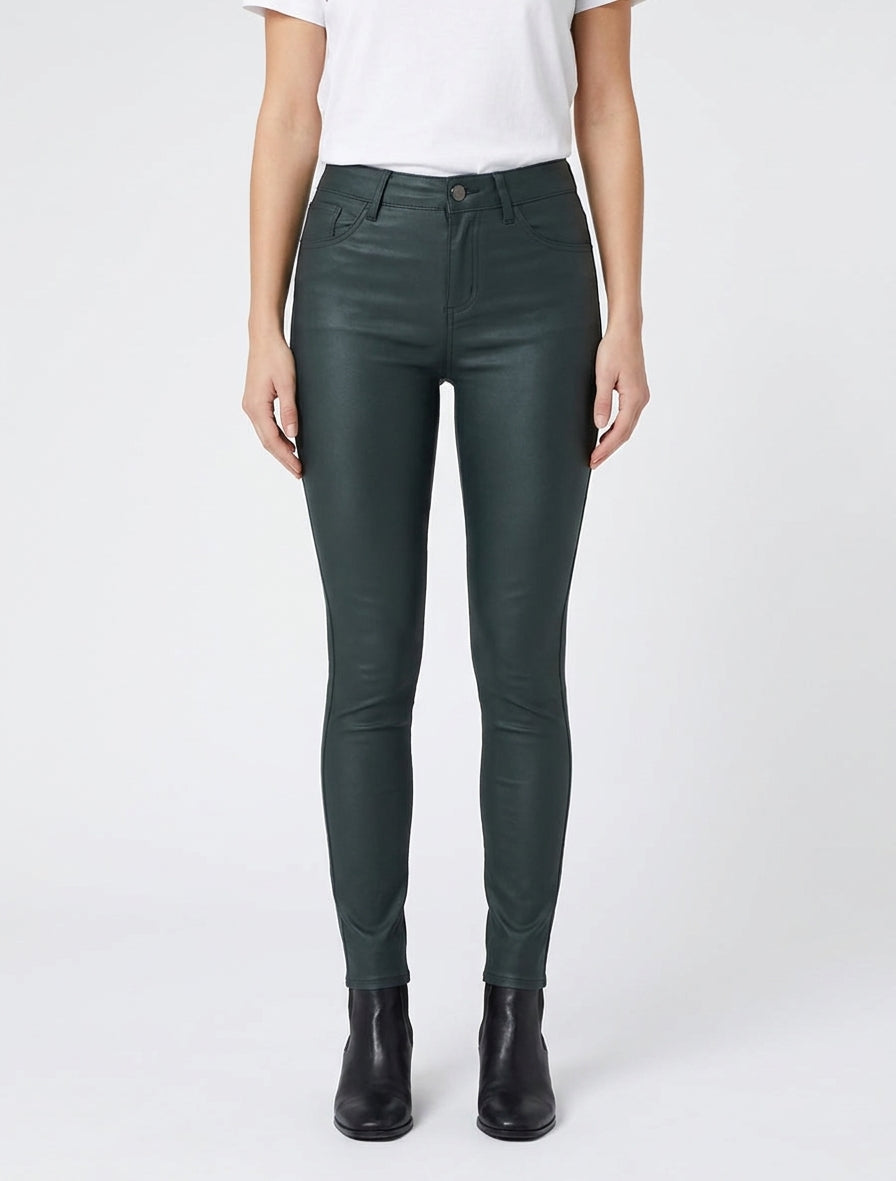 Pantalon slim enduit 5 poches - Vert bouteille