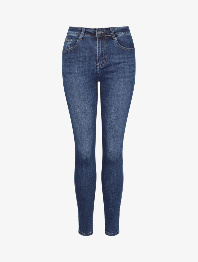 Jean slim à taille haute délavé - Bleu denim - 1
