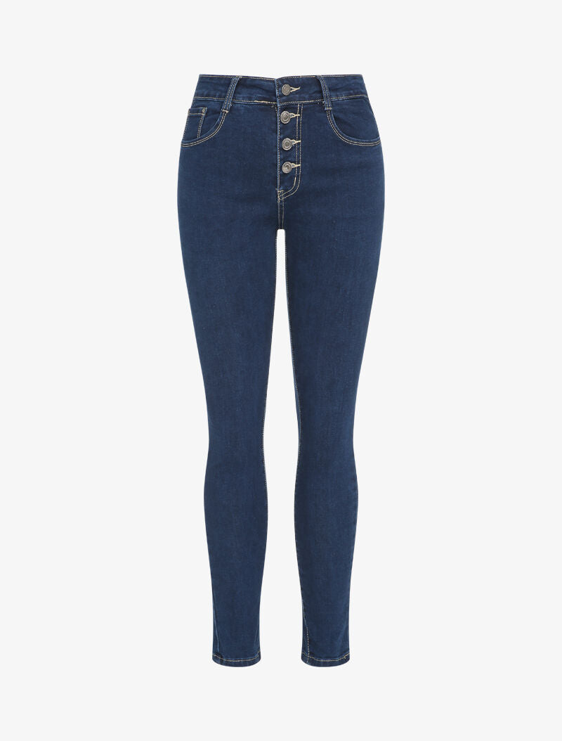 Jean slim à taille haute boutonnée - Bleu denim - 1