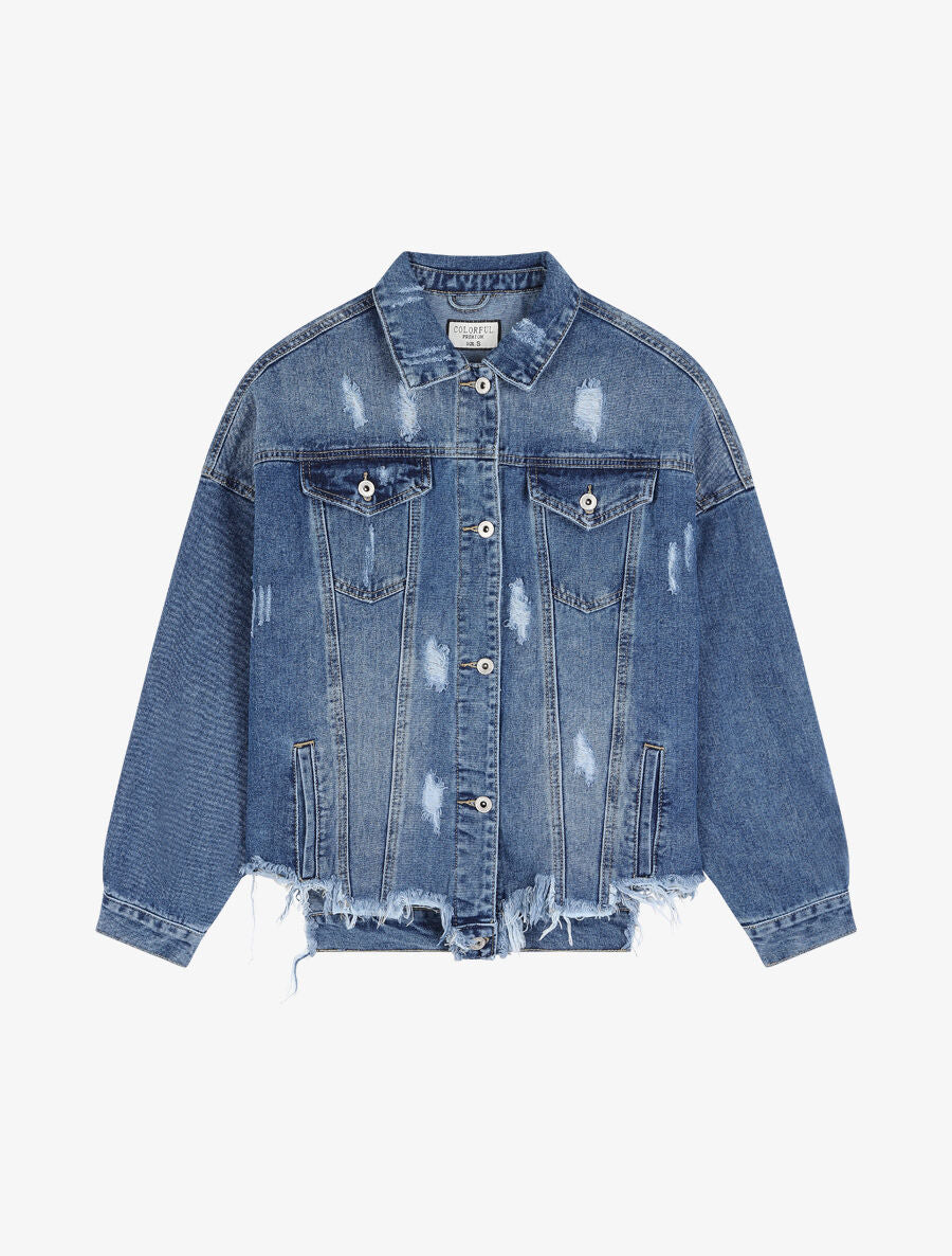 Veste en jean déchirée à bords coupe franche - Bleu denim - 1