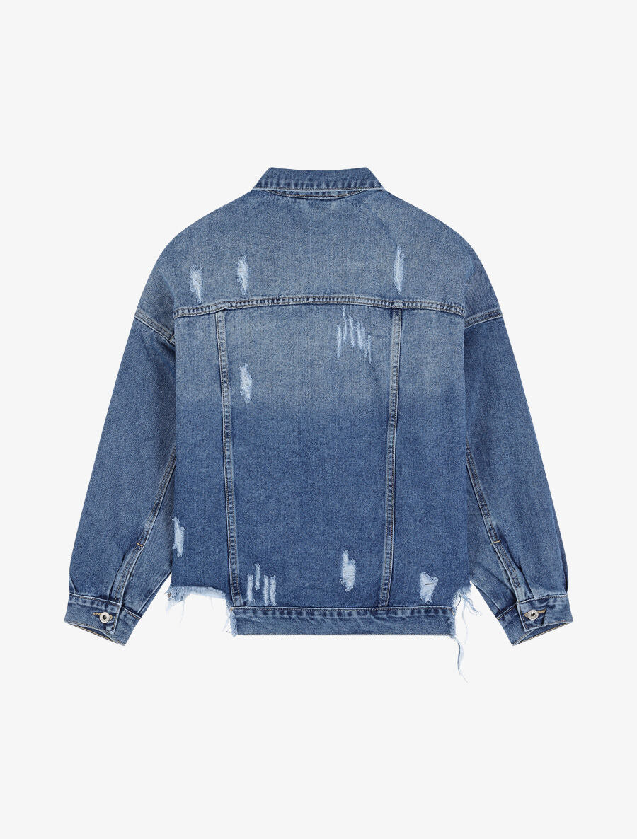 Veste en jean déchirée à bords coupe franche - Bleu denim - 2