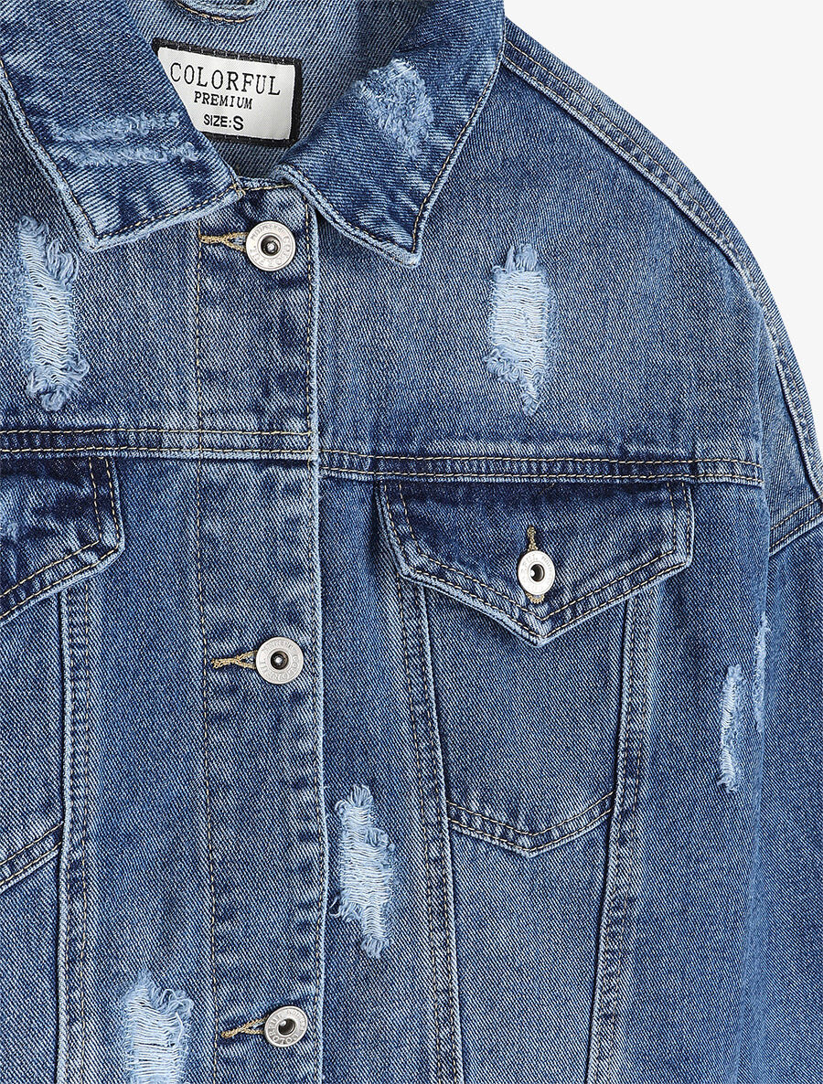 Veste en jean déchirée à bords coupe franche - Bleu denim - 3