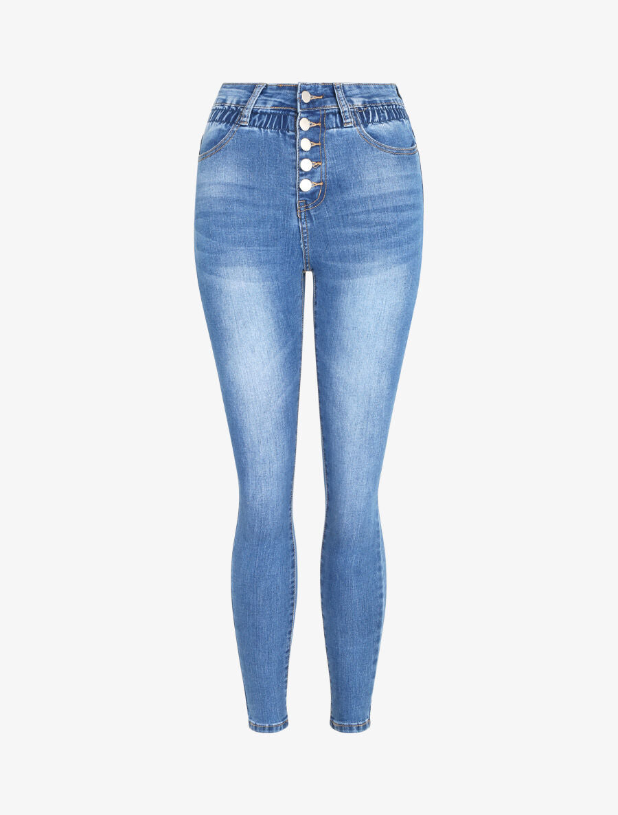 Jean slim à taille empire élastiquée - Bleu denim - 3