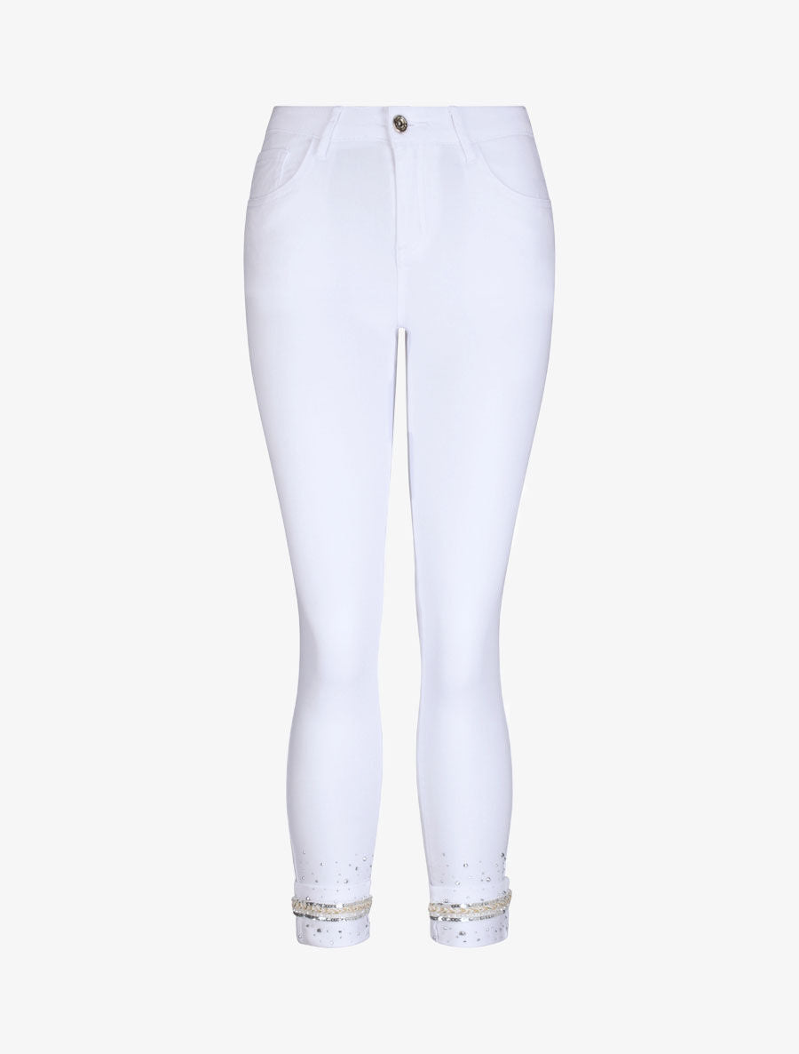 Jean 7/8 à revers orné de strass - Blanc - 1