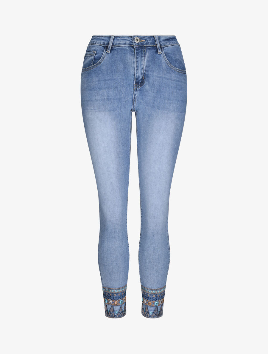 Jean 7/8 à bords ornés de broderies - Bleu denim - 4