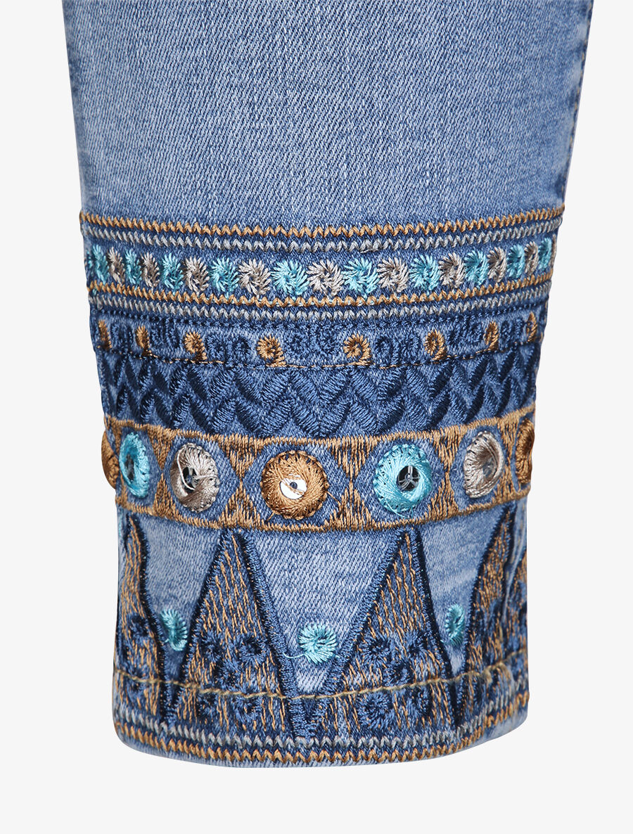 Jean 7/8 à bords ornés de broderies - Bleu denim - 3