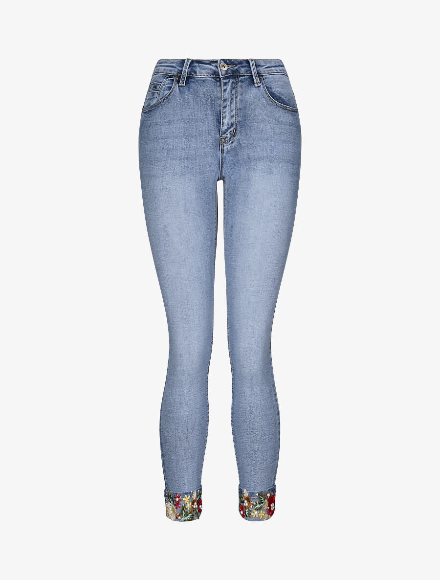 Jean slim à revers orné de broderies - Bleu clair - 1