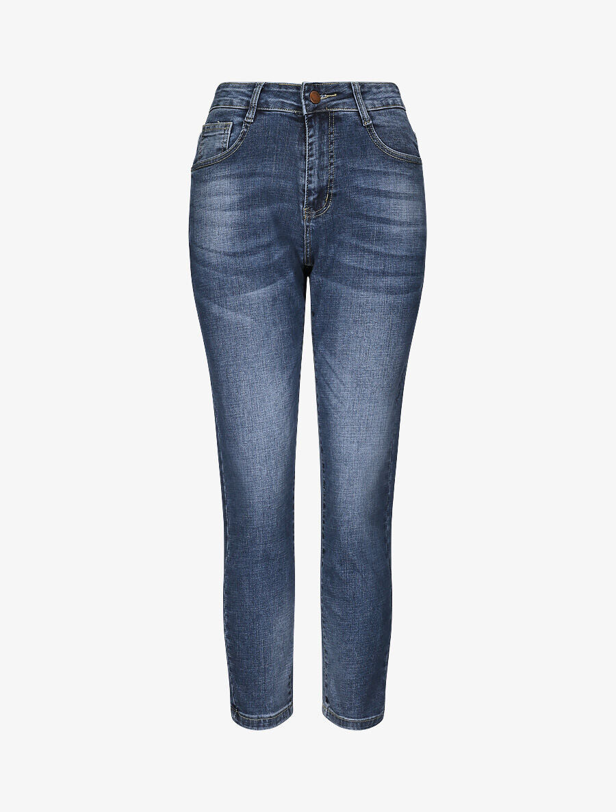 Jean boyfriend à taille haute et délavé - Bleu denim - 1