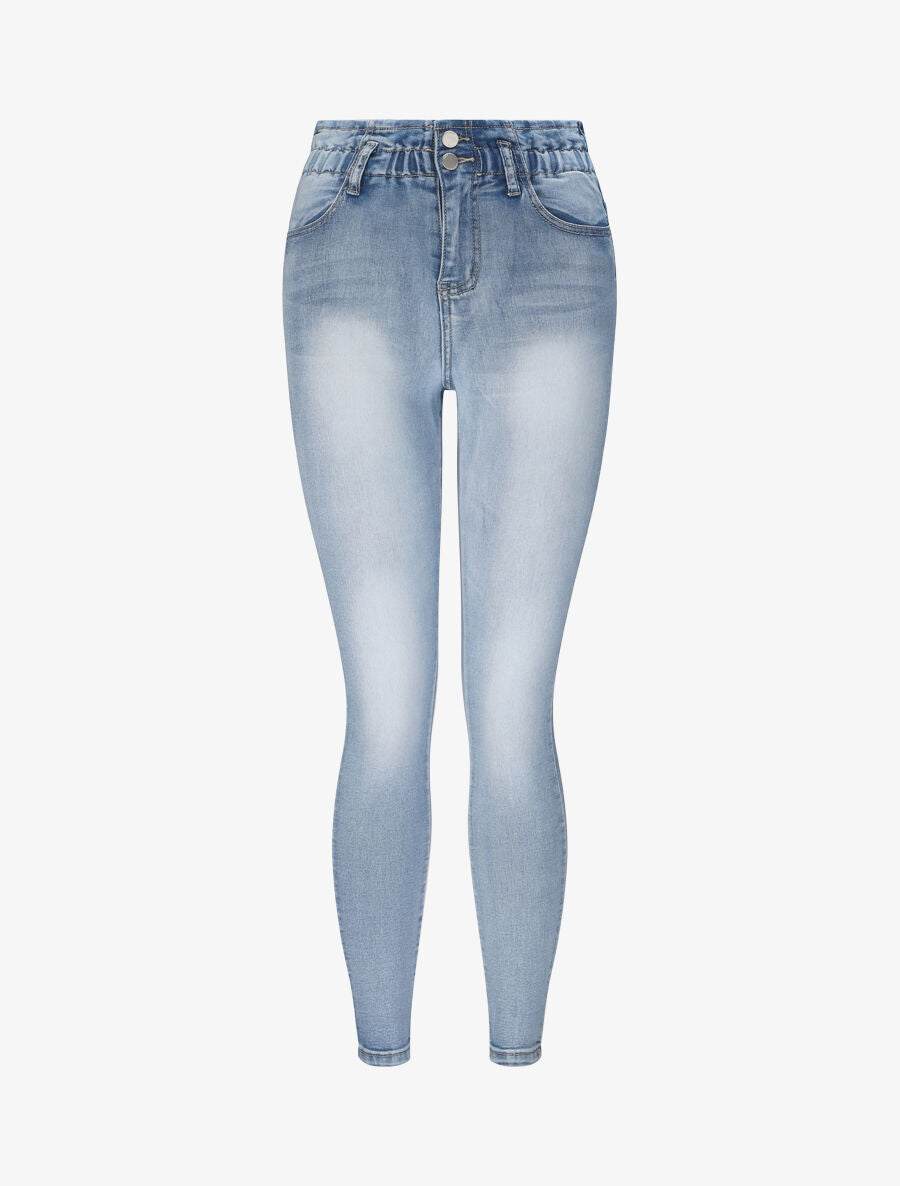 Jean slim délavé à taille standard élastiquée - Bleu clair - 4