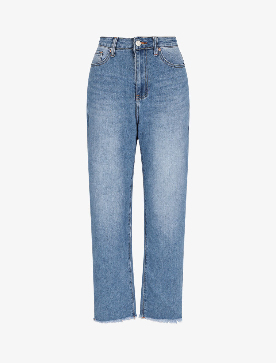Jean mom fit à bas effiloché - Bleu denim - 4