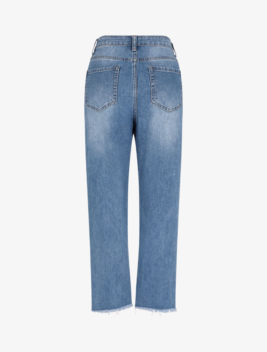 Jean mom fit à bas effiloché - Bleu denim - 2