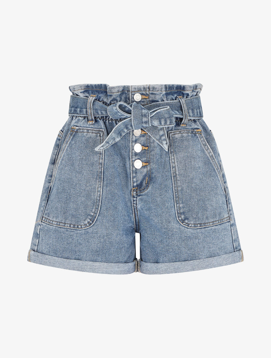 Short paperbag taille haute - Bleu denim - 4