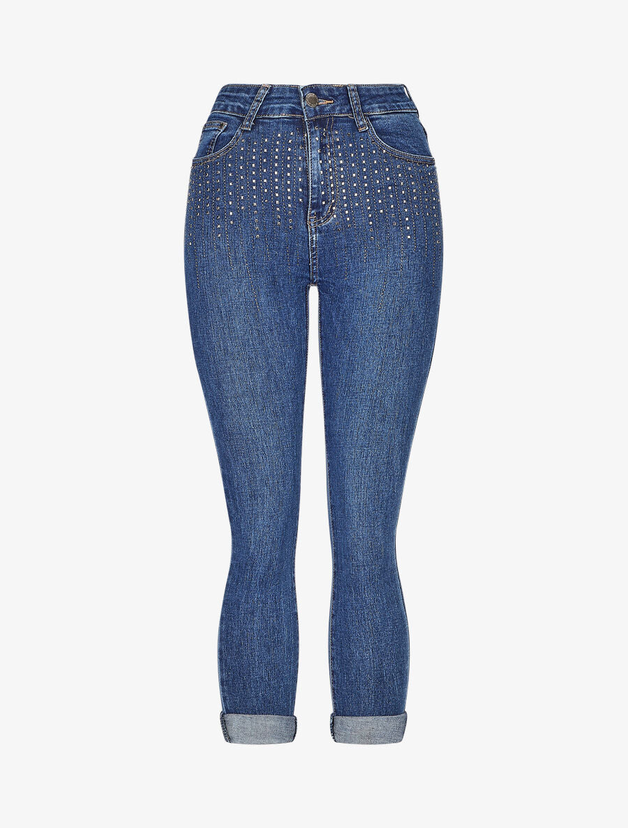 Jean slim taille haute à strass - Bleu - 1