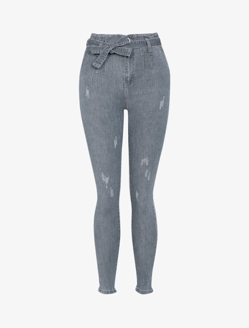 Jean taille haute à coutures contrastantes - Gris - 4