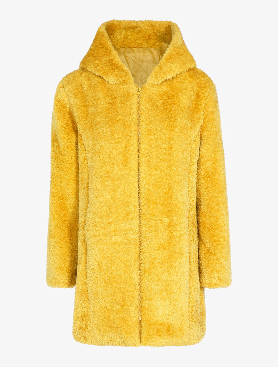 Manteau zippé en fourrure synthétique - Moutarde - 1