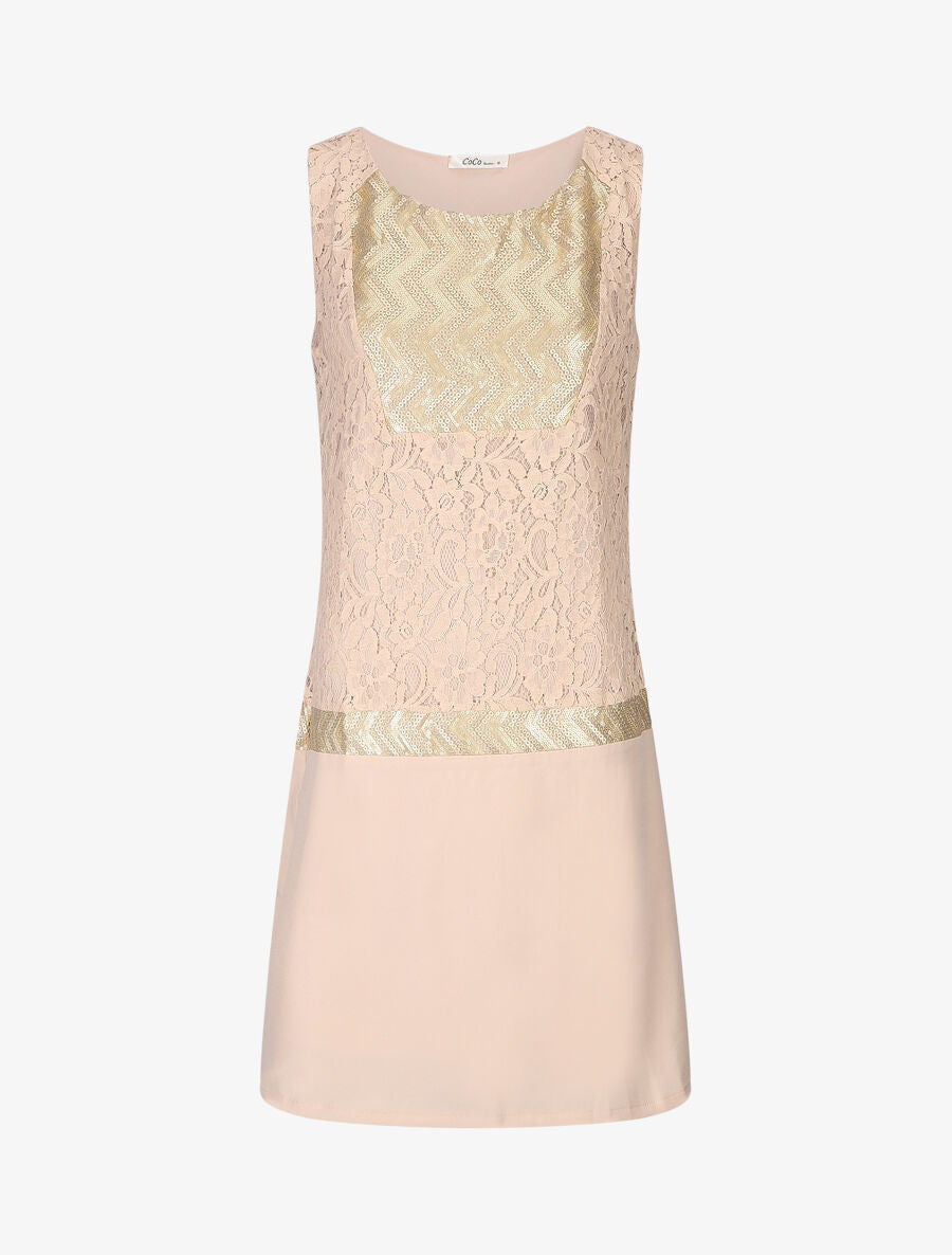 Robe courte en dentelle et sequins - Rose pâle - 4