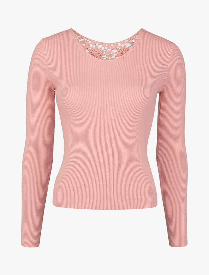 Pull côtelé à dos ajouré en crochet - Rose - 4